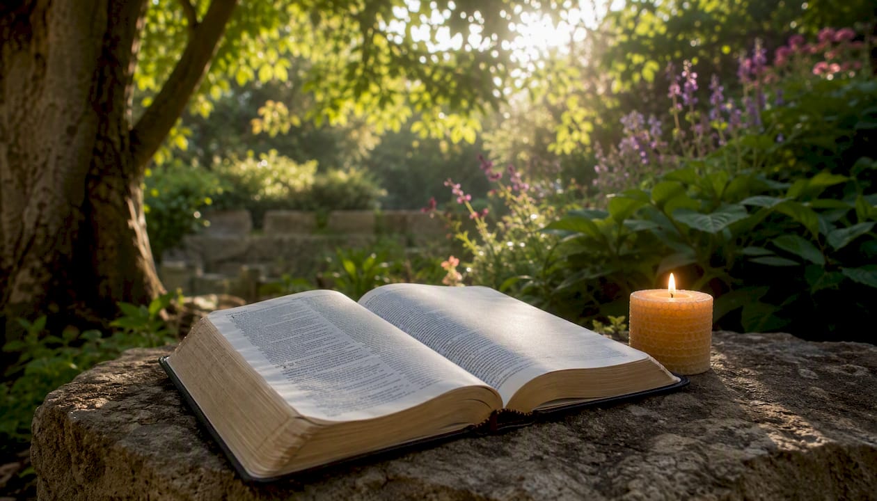 Open Bible and lit candle in prayer nook