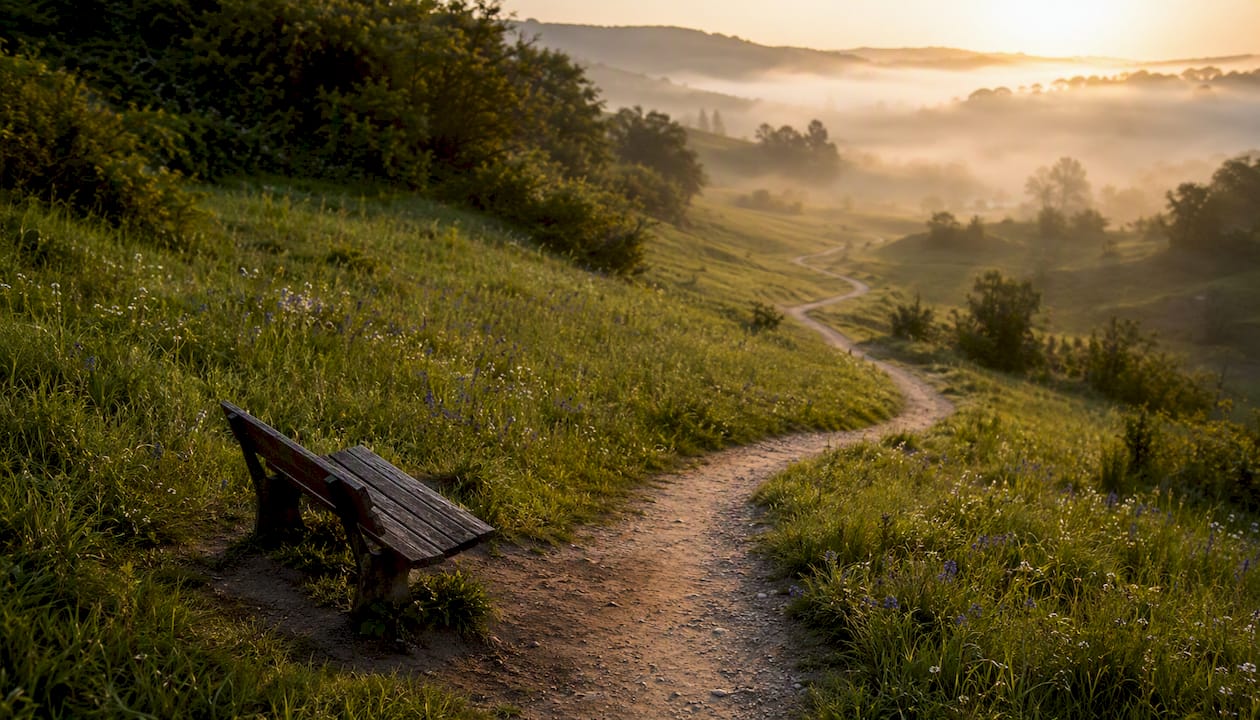 Un sendero solitario en el campo, bañado por la luz suave del amanecer.