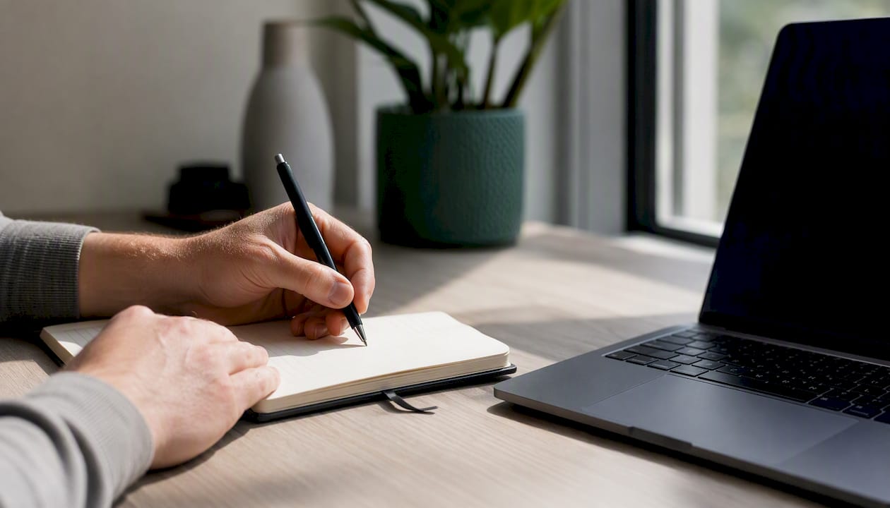 Jemand notiert sich eine Excel-Formel per Hand in ein Notizbuch, während daneben ein Laptop steht.