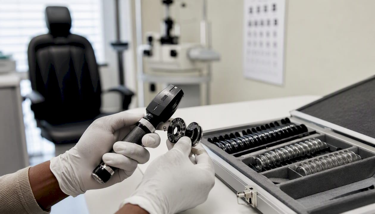 Hands demonstrating ophthalmoscope and lens set in clinic