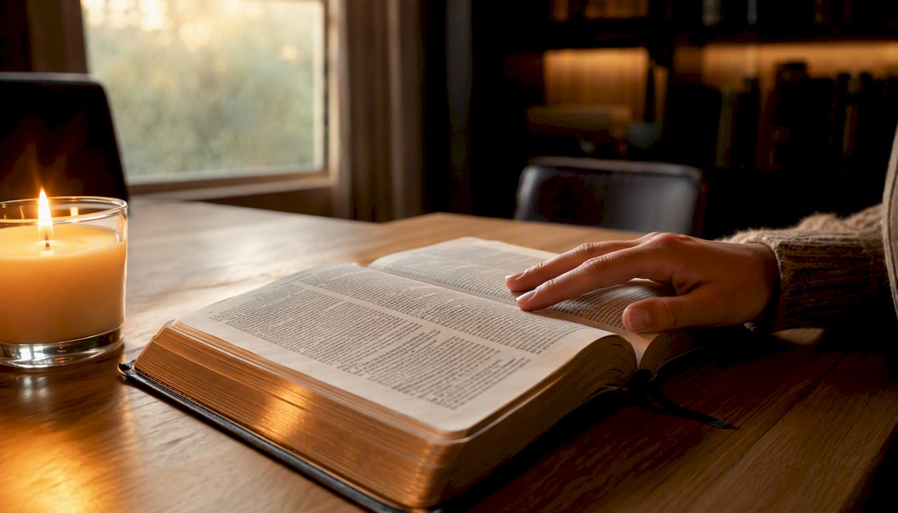 Una mano sfoglia le pagine di una Bibbia aperta, illuminata dalla calda luce di una candela.