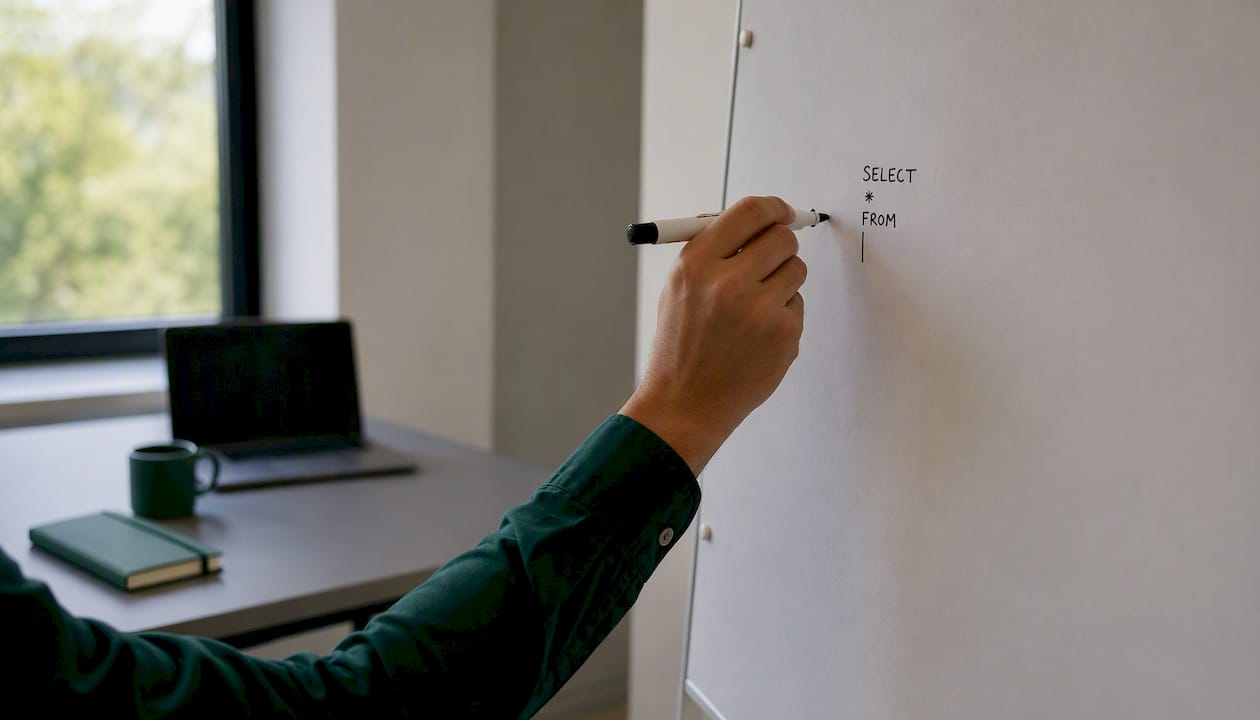 Mit einem Marker schreibe ich eine SQL-SELECT-Abfrage an die Tafel.