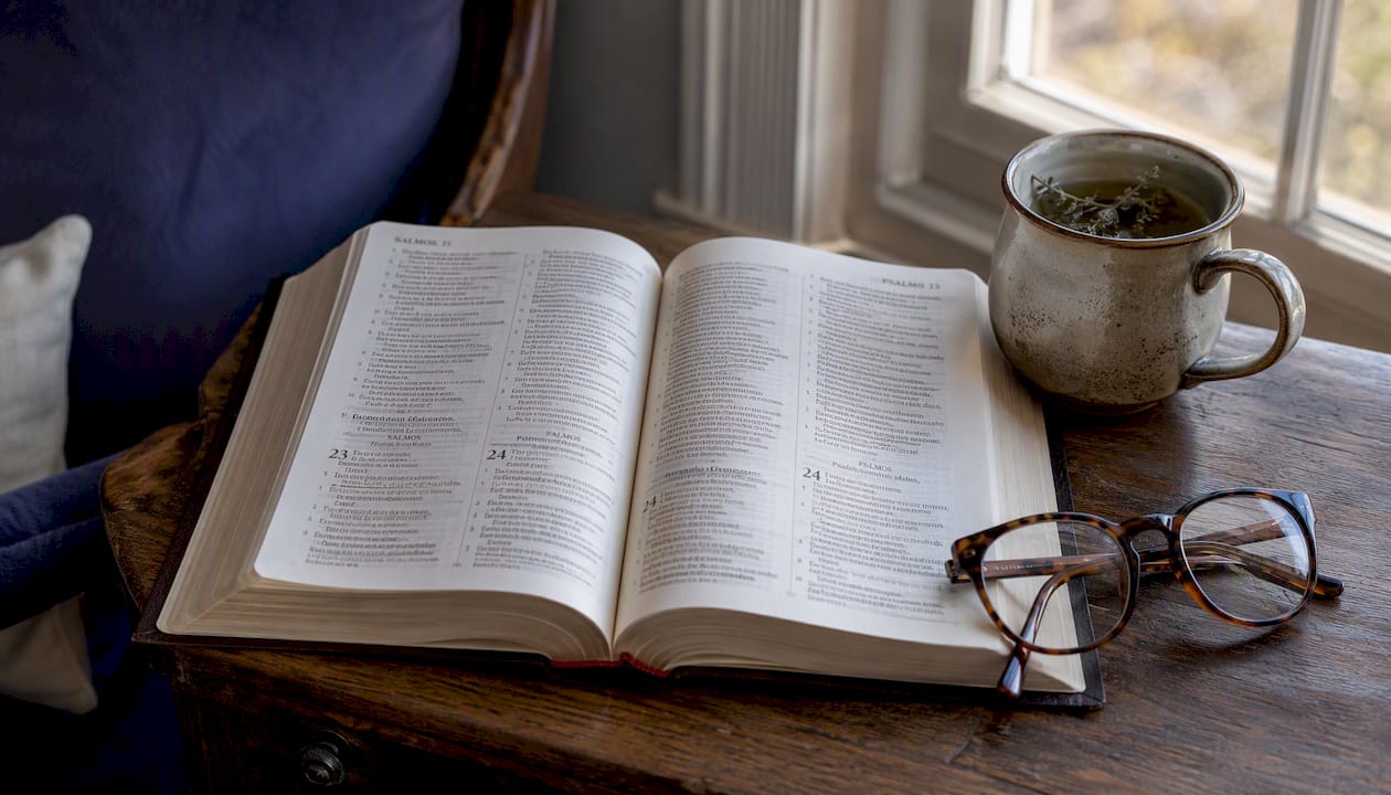 Open bilingual Spanish English Bible on desk