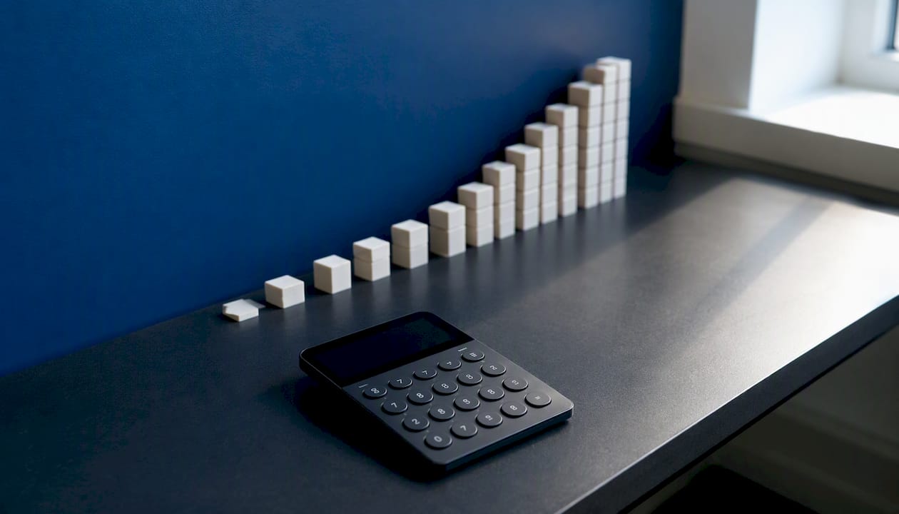 Calculator and number blocks illustrating compounding interest