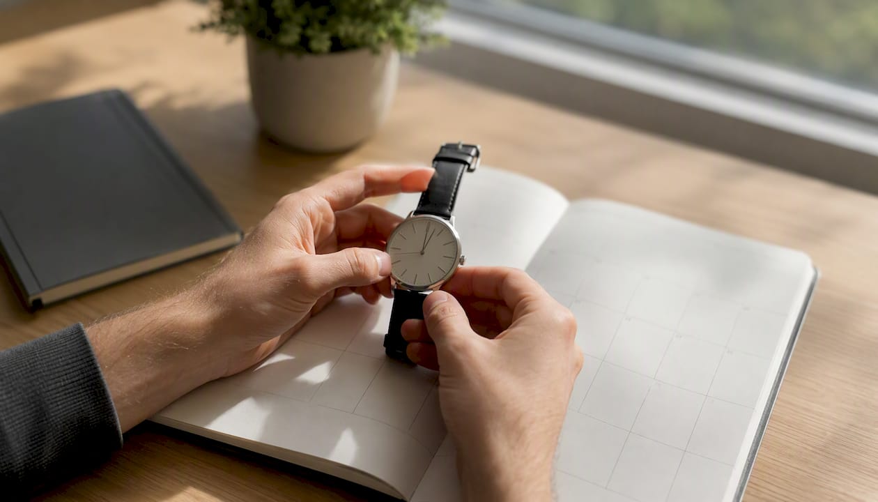 Hände halten eine Armbanduhr über einem Kalenderblatt