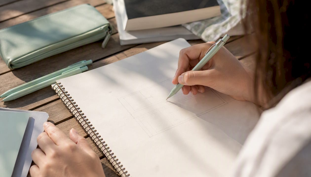 Student's hand starting exam planning template