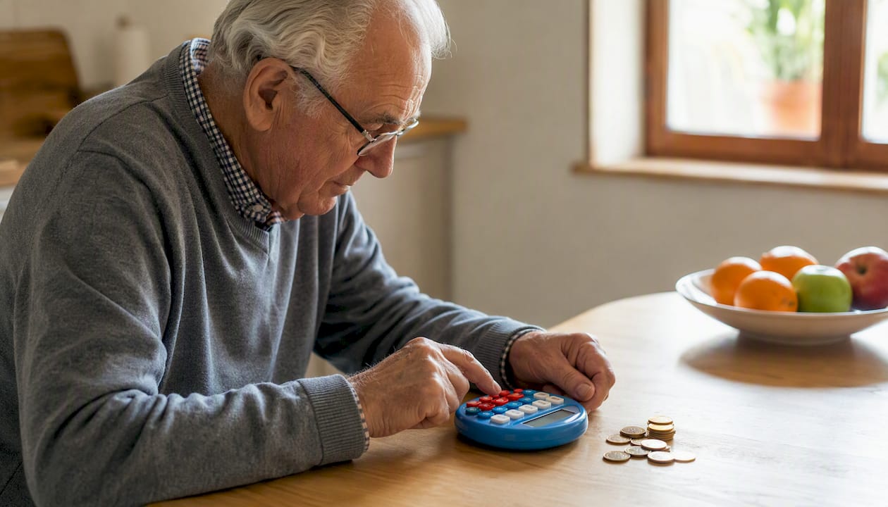 Mani che fanno calcoli con una calcolatrice, mentre accanto ci sono delle monete in euro.