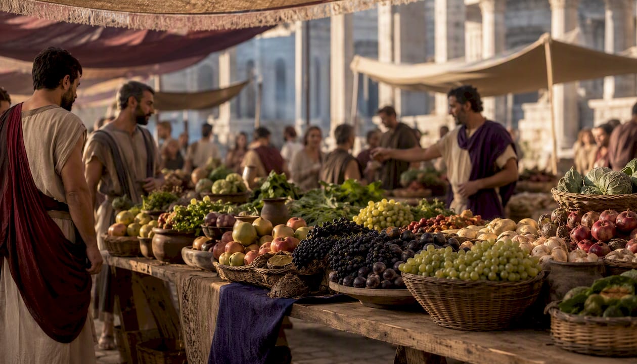 Roman market table with food and pottery