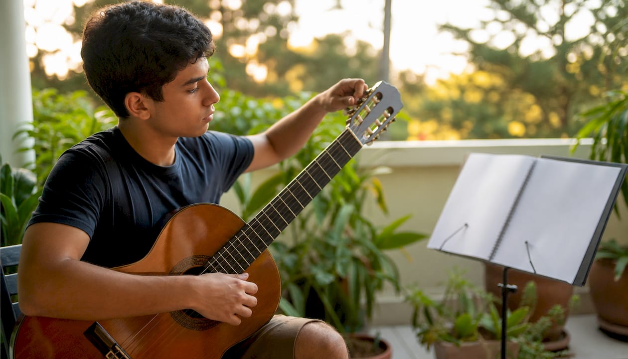 Hands tuning guitar for music assessment