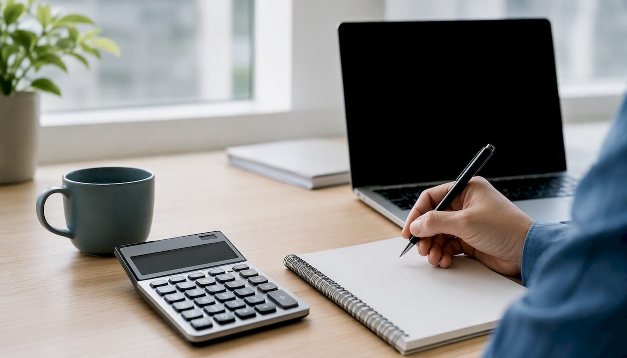 Scrivania con calcolatrice e penna pronta per il conteggio delle tasse