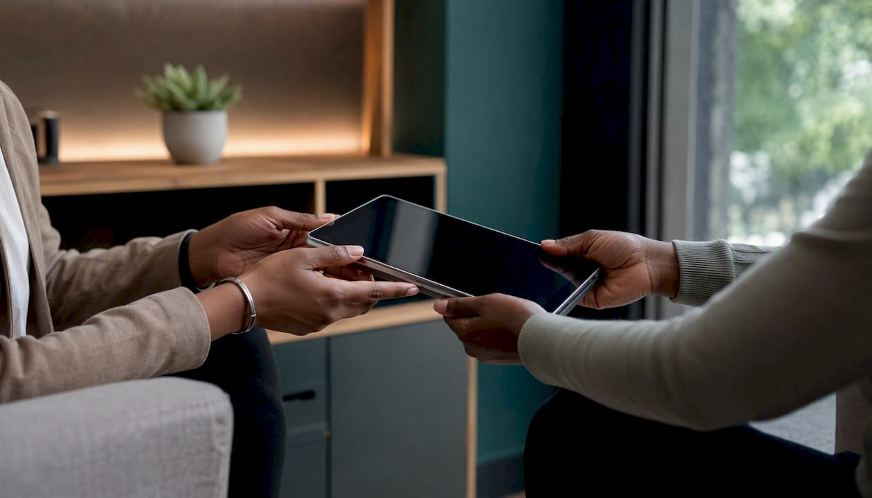 Hands exchanging tablet device to start job posting
