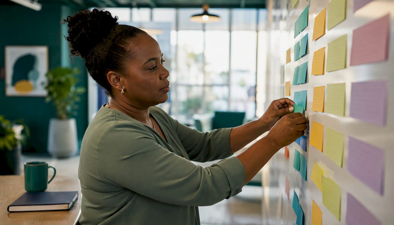 Hands moving hiring workflow cards on whiteboard