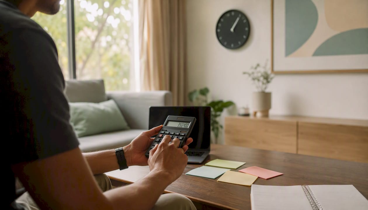 Close-up of hands using calculator for loan repayment