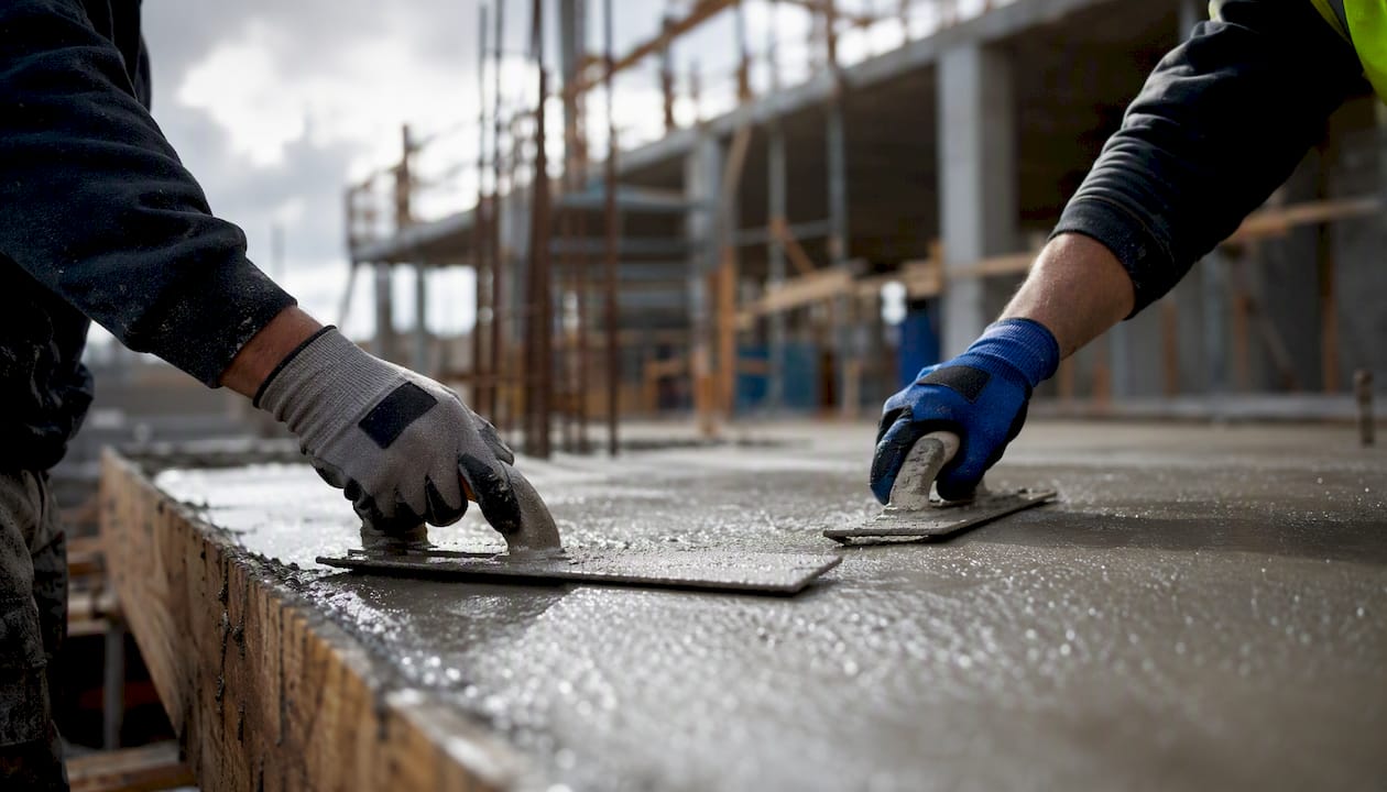 Hands smoothing concrete at joint venture construction site