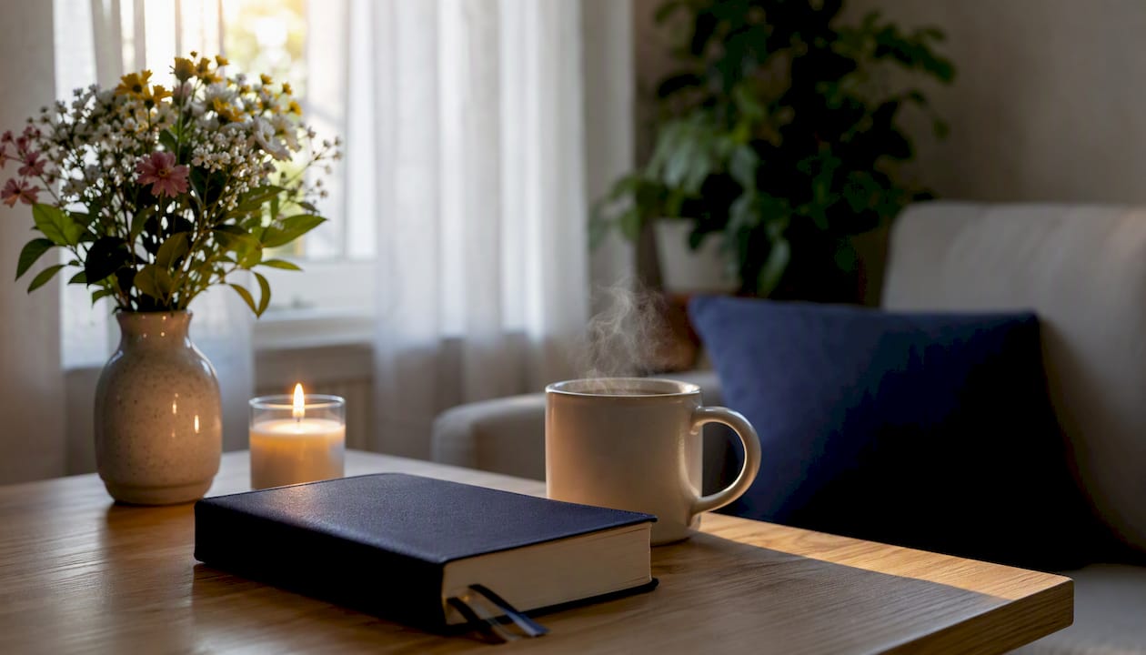 Un espacio de trabajo en casa, ambientado con una Biblia y una vela encendida.