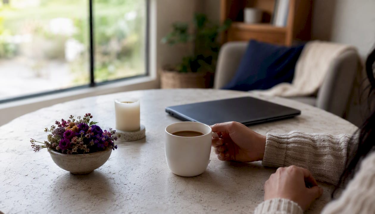 Una mano sostiene una taza de café durante una pausa