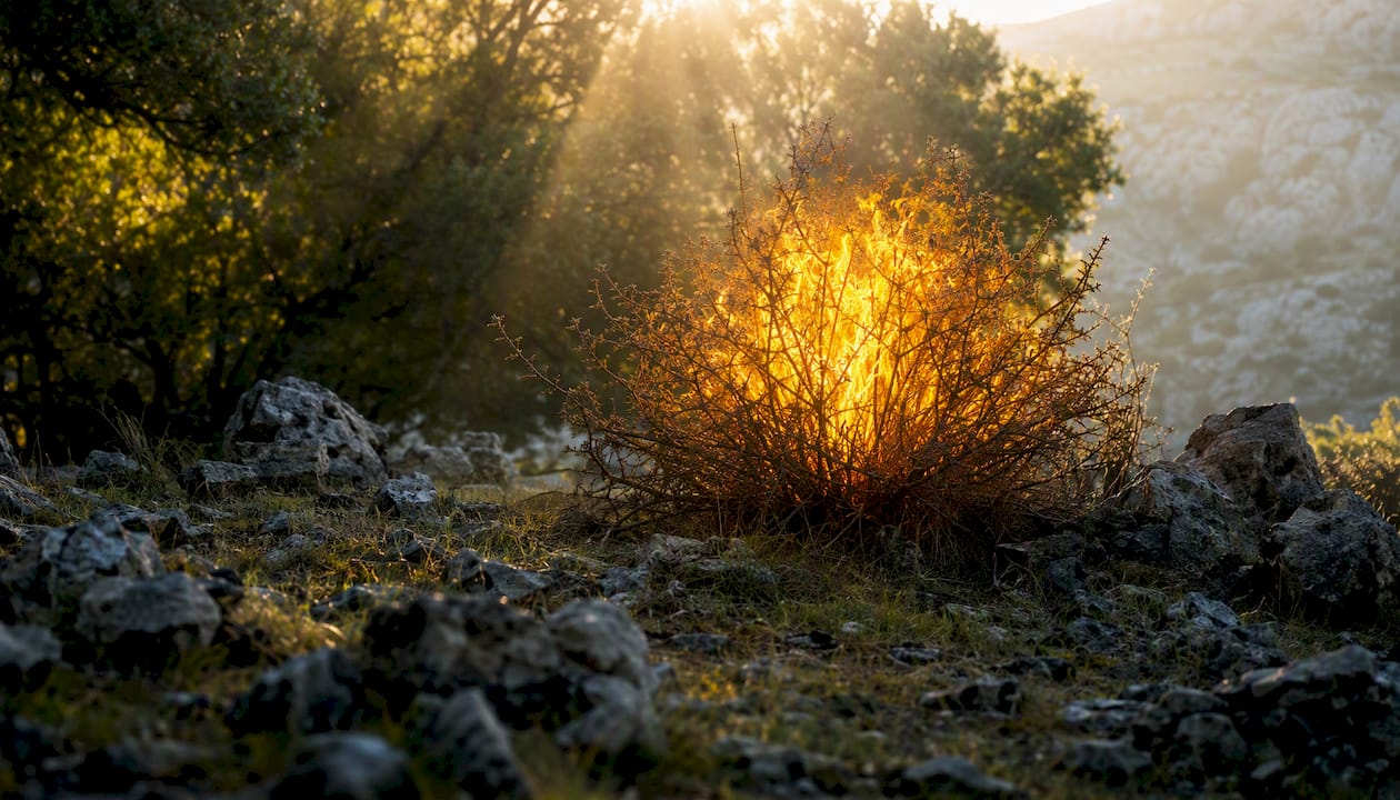 Un cespuglio acceso che risplende alla luce dorata del tramonto