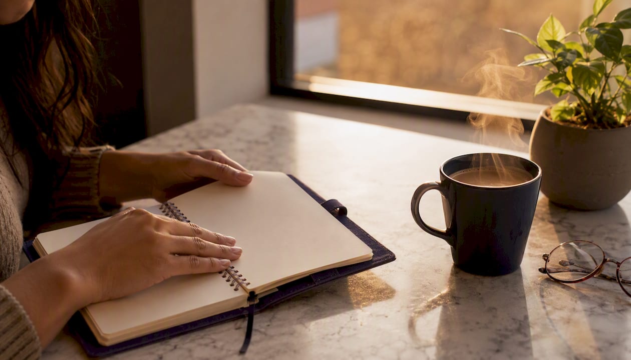 Manos organizando la agenda junto a una taza de café