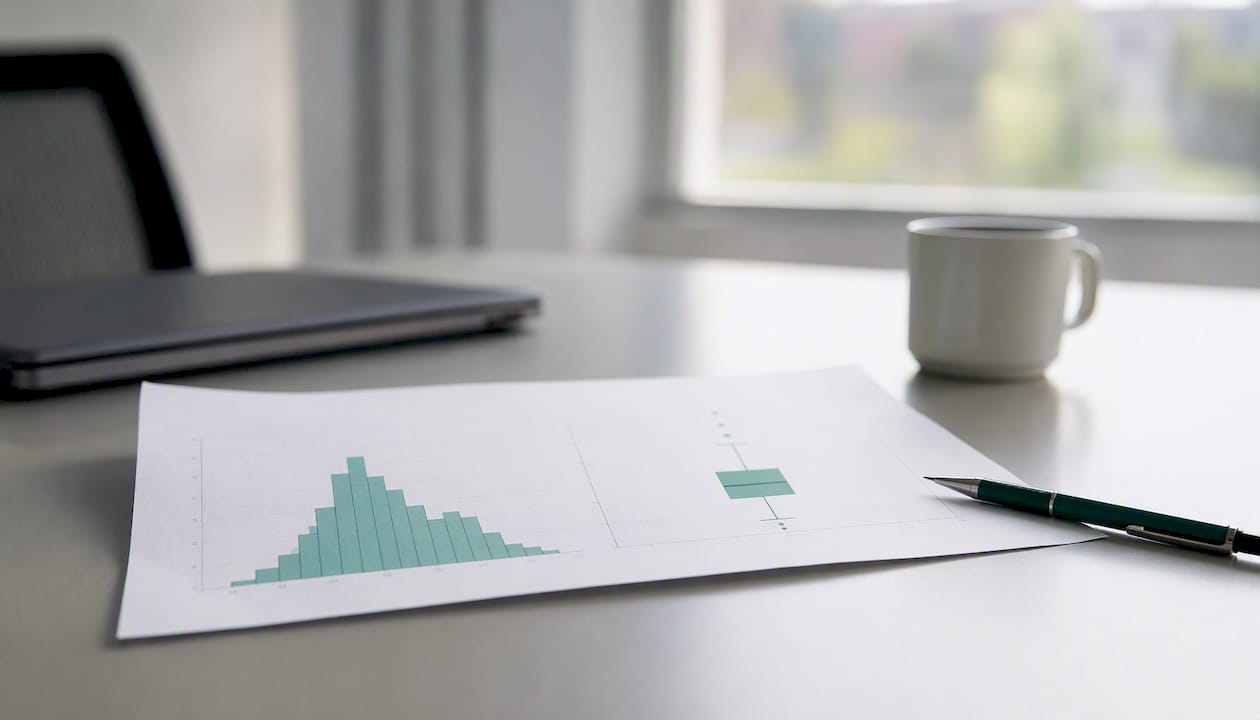 Auf dem Schreibtisch liegen ausgedruckte Histogramme und Boxplots.