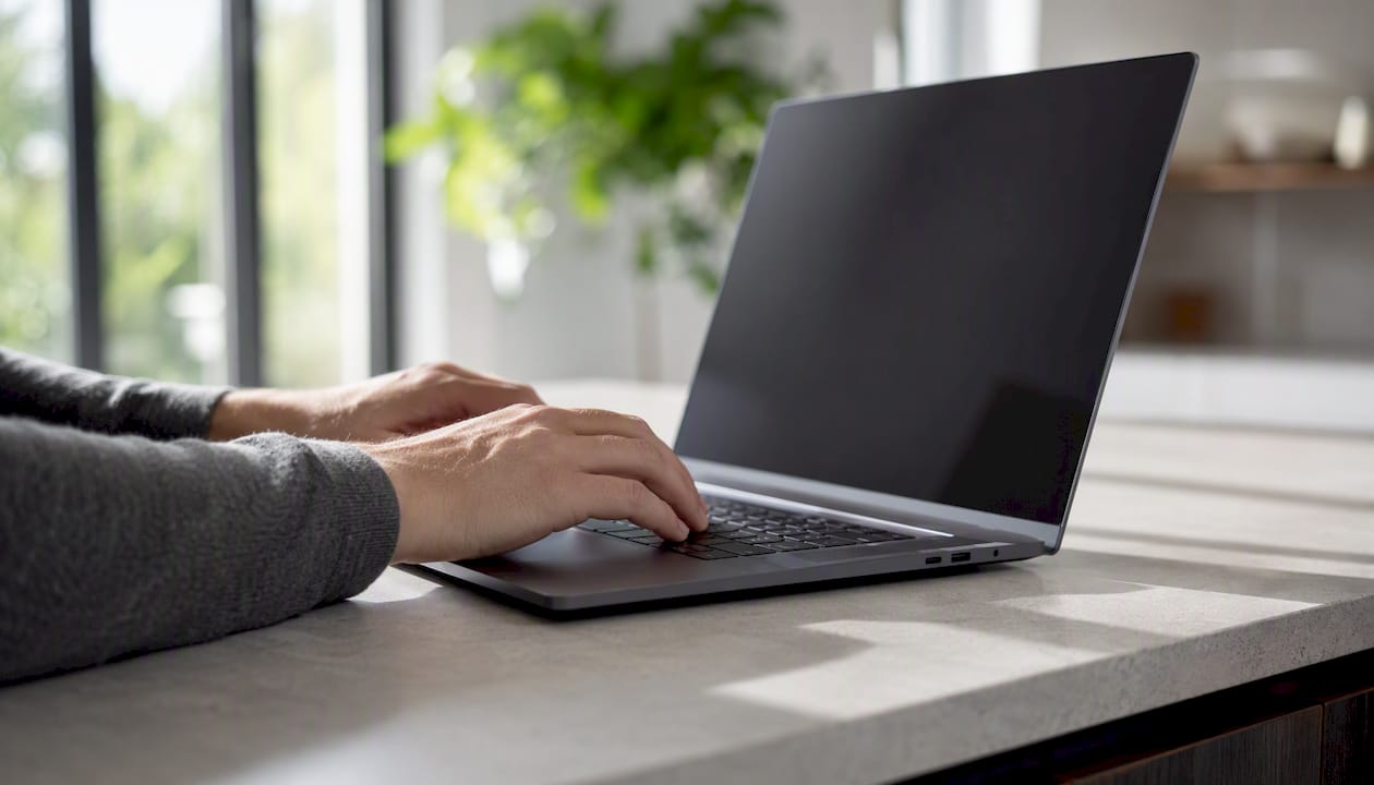 Hände tippen eine Excel-Formel auf der Laptop-Tastatur ein