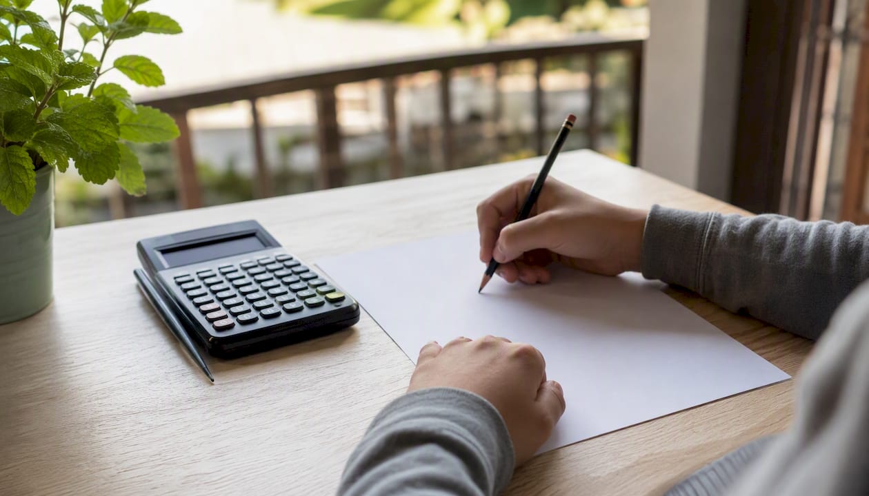 Hands calculating Maths Literacy problems at study desk