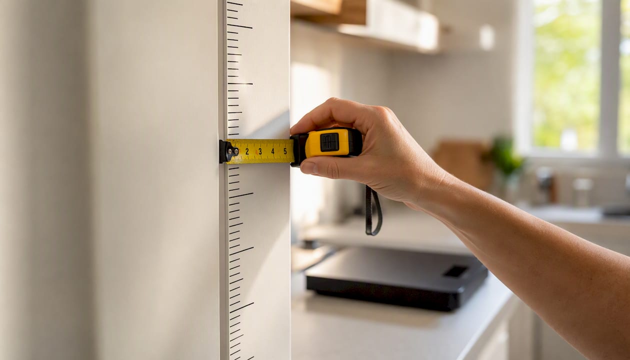 Hand holding measuring tape on height chart wall