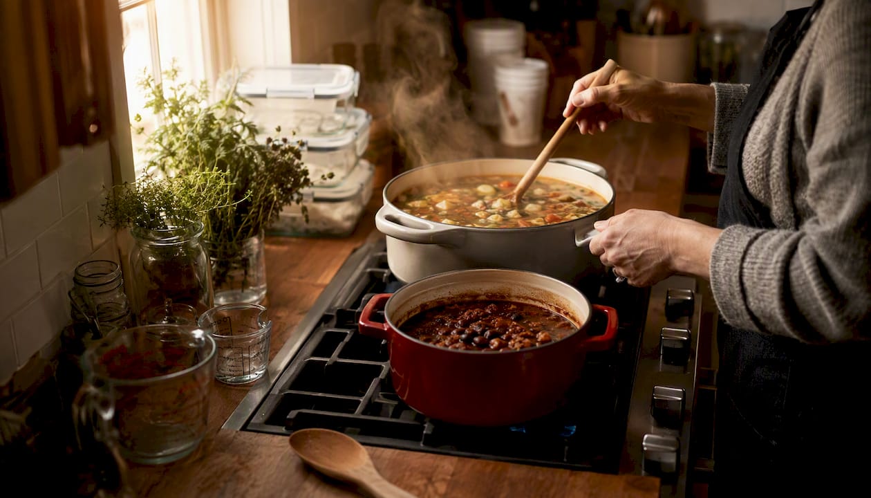 Hands stirring chili pot in home kitchen