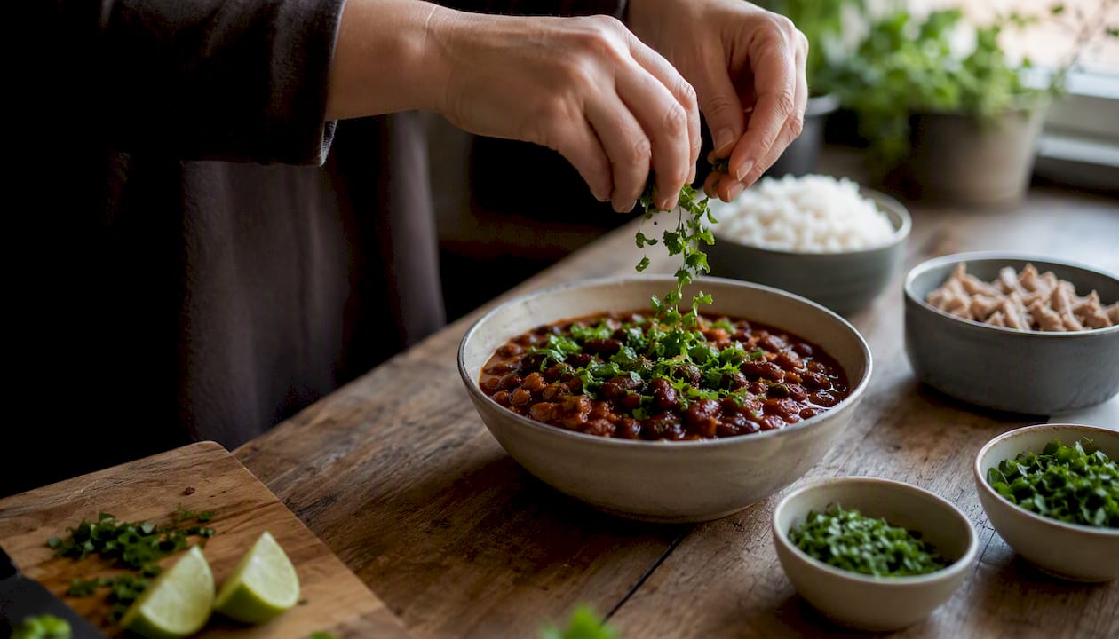Hands sprinkling fresh herbs on chili bowl