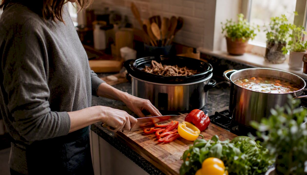 Hands chopping vegetables with multiple pots cooking