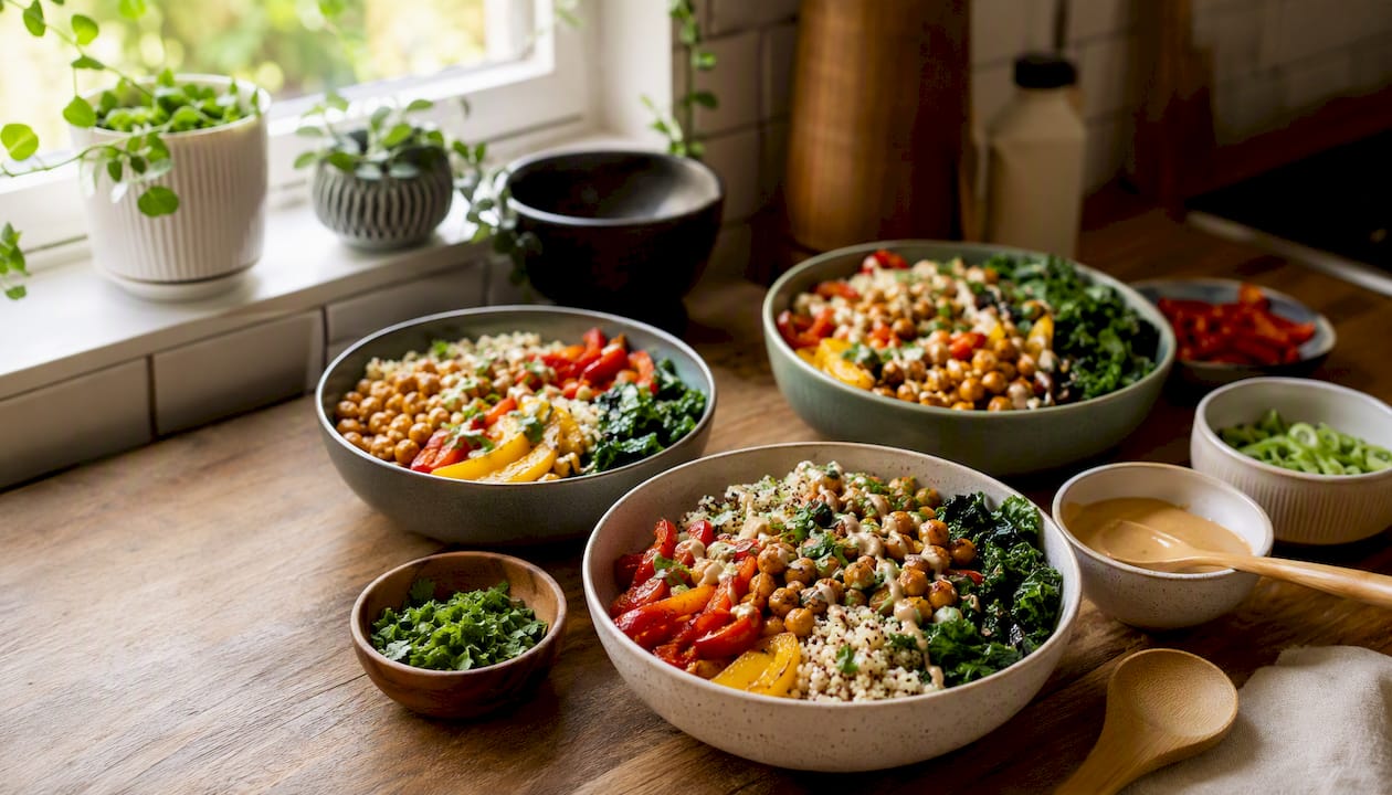 Overhead of mixed lunch bowls with grains, veggies, and sauces