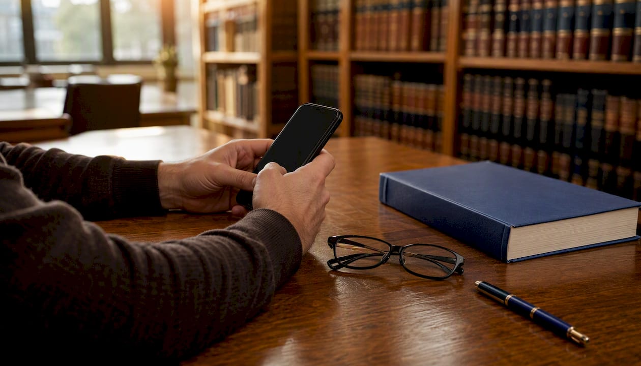 Hands navigating digital legal archive on smartphone