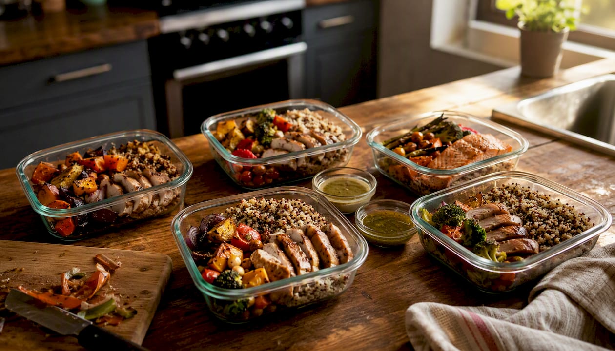 Five meal prep containers with grains, proteins, vegetables, and sauces on counter