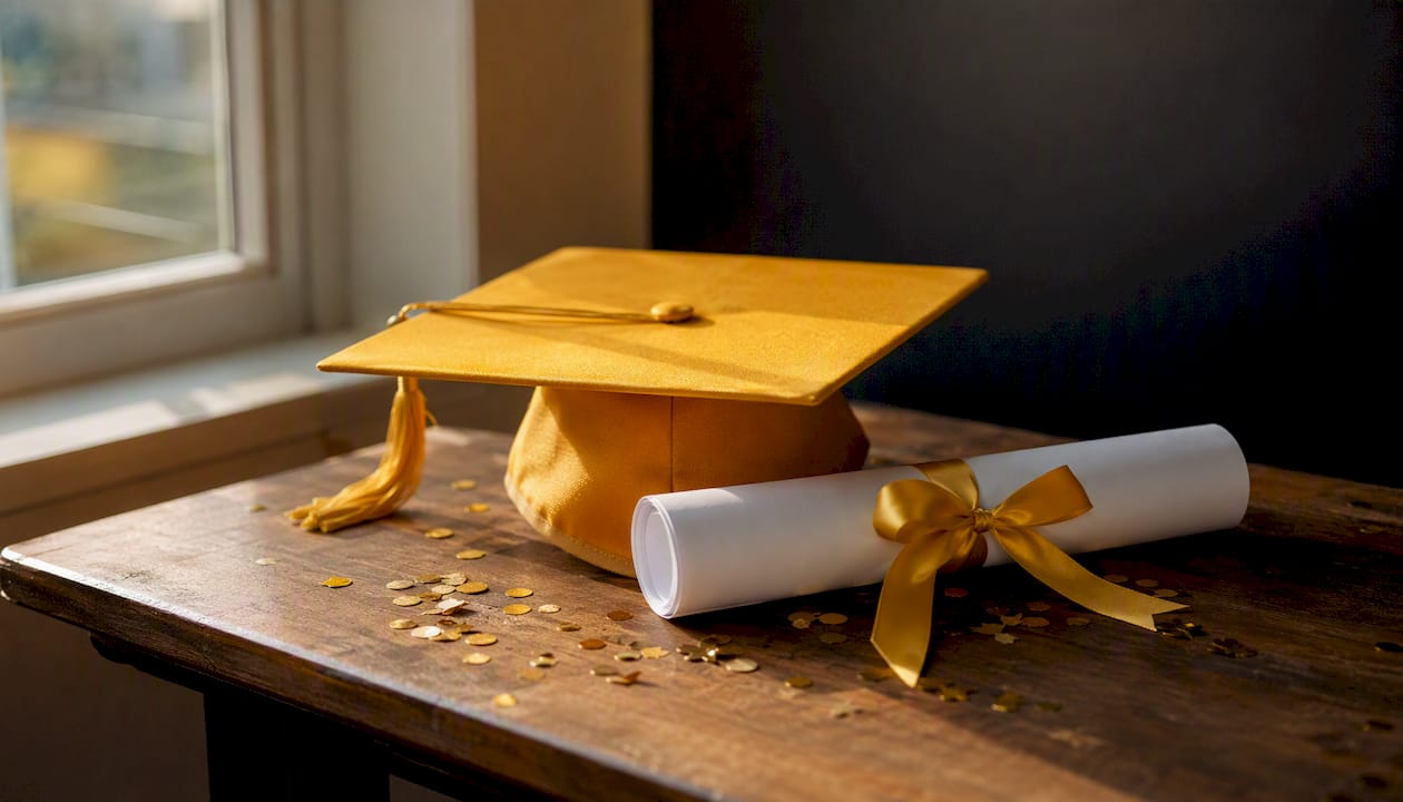 Graduation cap, diploma and confetti on table