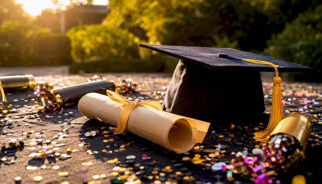 Close-up of graduation cap diploma and party decorations