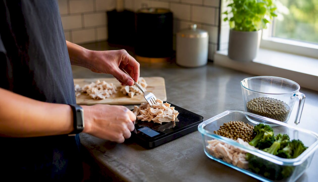 Hands portioning chicken and lentils on scale