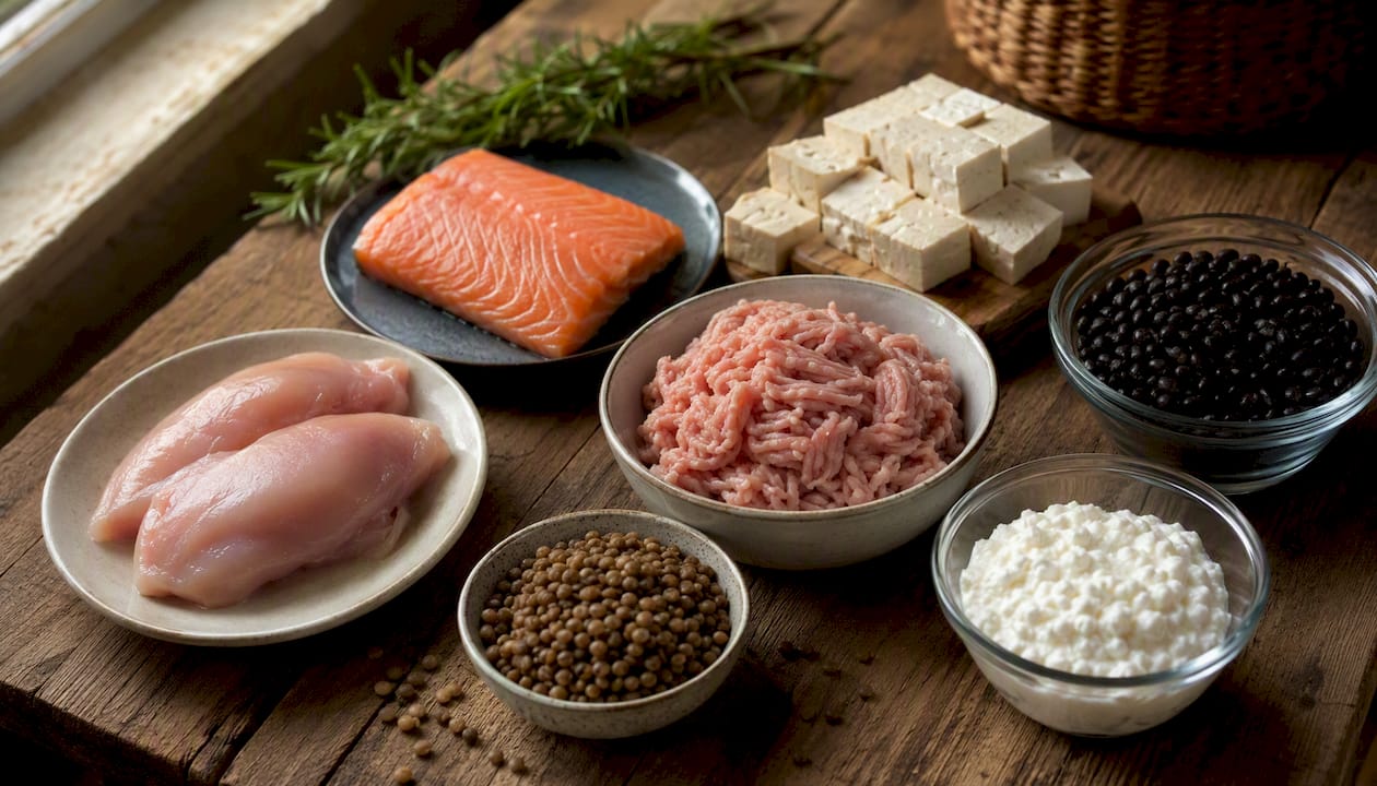 Seven high-protein dinner ingredients overhead