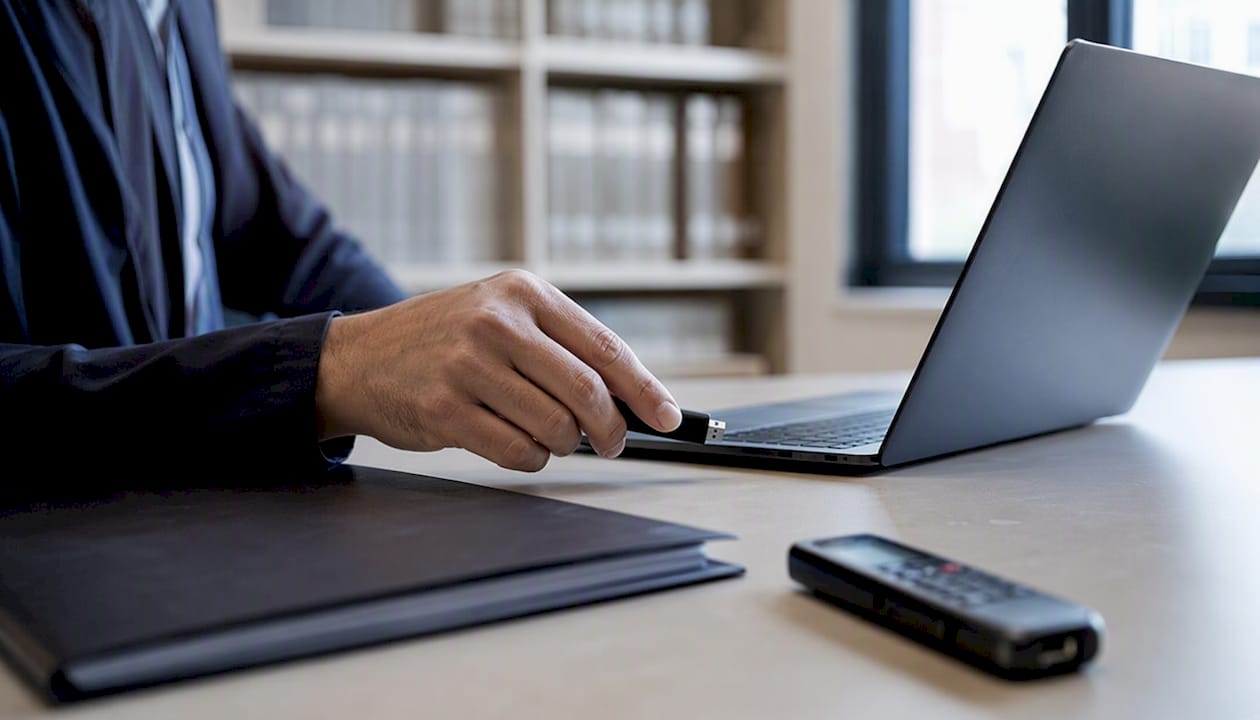 Hand inserting USB into laptop in archive