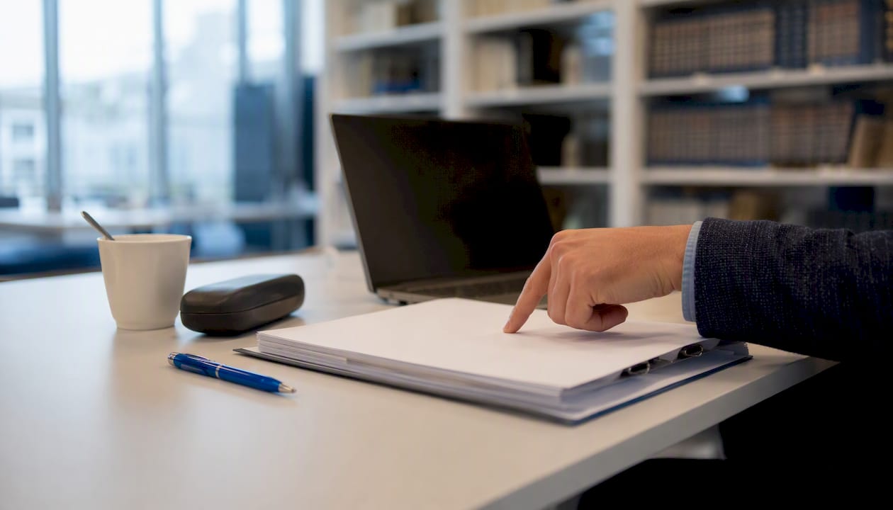 Hand pointing at report binder on office desk