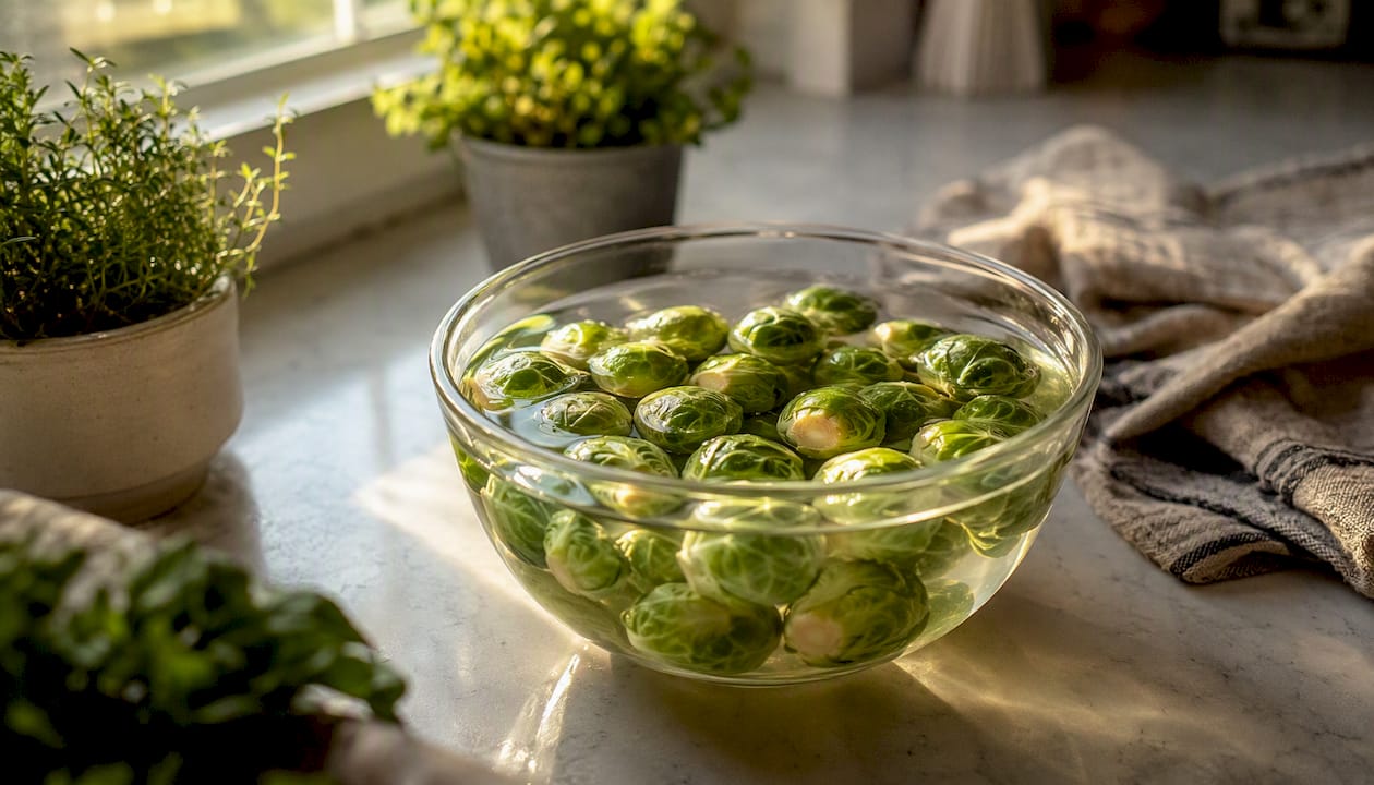Brussels sprouts soaking in water bowl