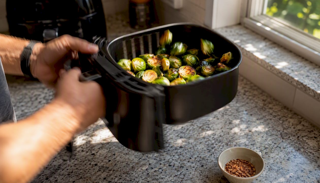 Shaking air fryer basket with Brussels sprouts