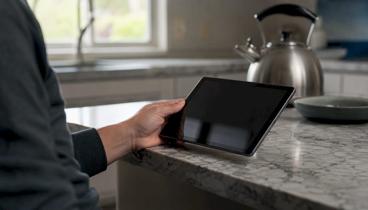 Hand holding smartphone with dark screen near notes
