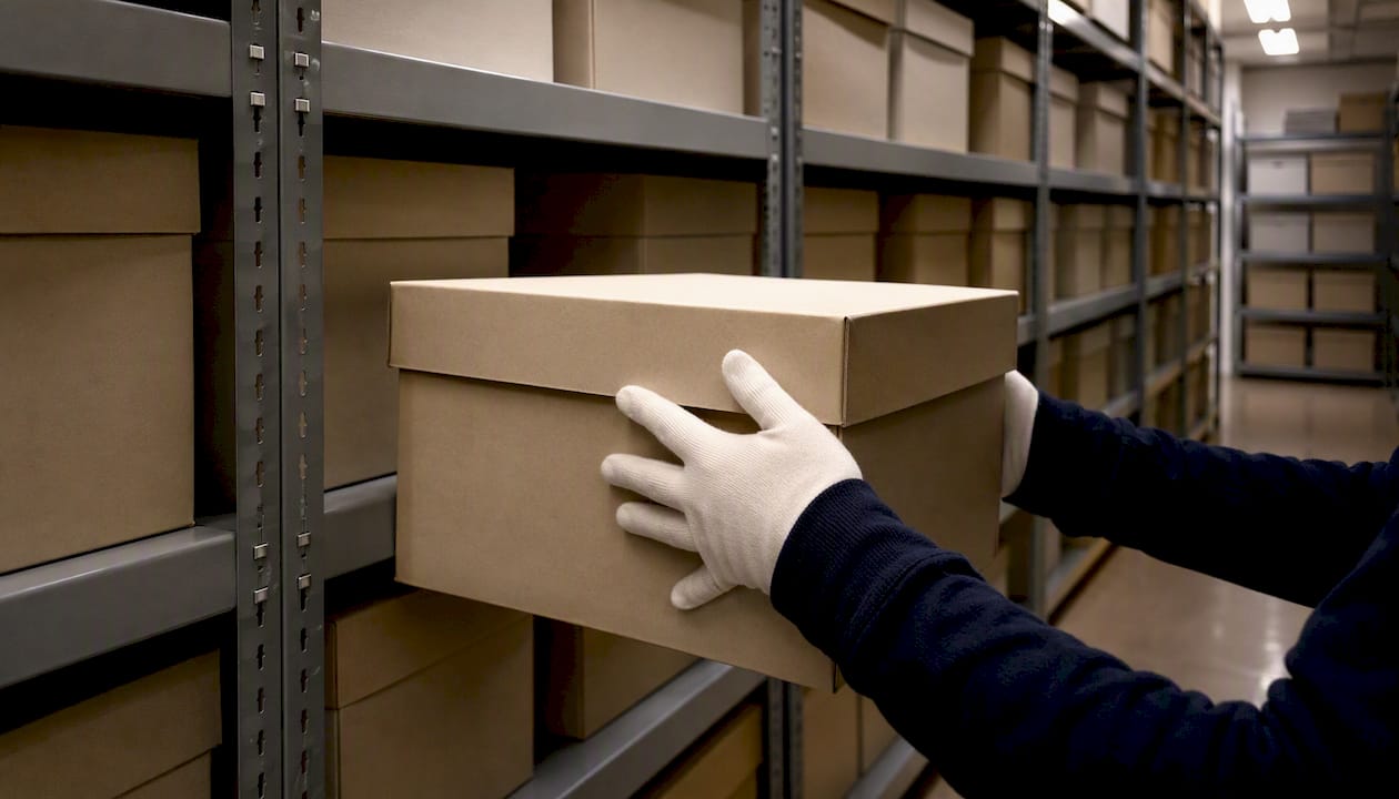 Hands scanning archival box in commission archive