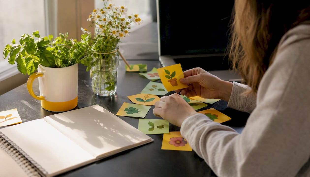 Workspace with plant emoji mockups and herbs