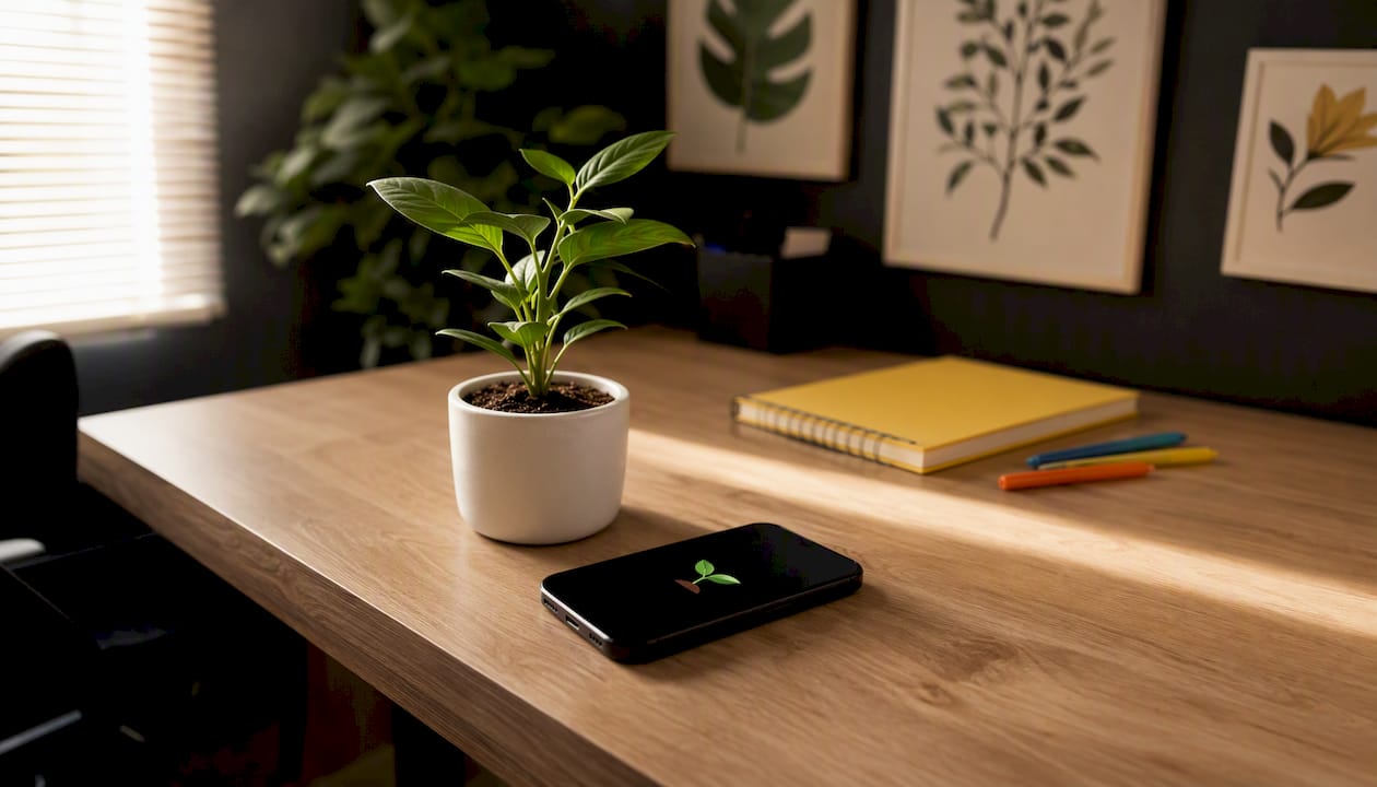 Smartphone with a single plant emoji sticker and sprout