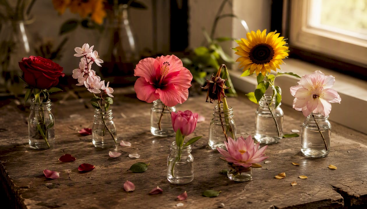 Arrangement of flowers matching common flower emojis