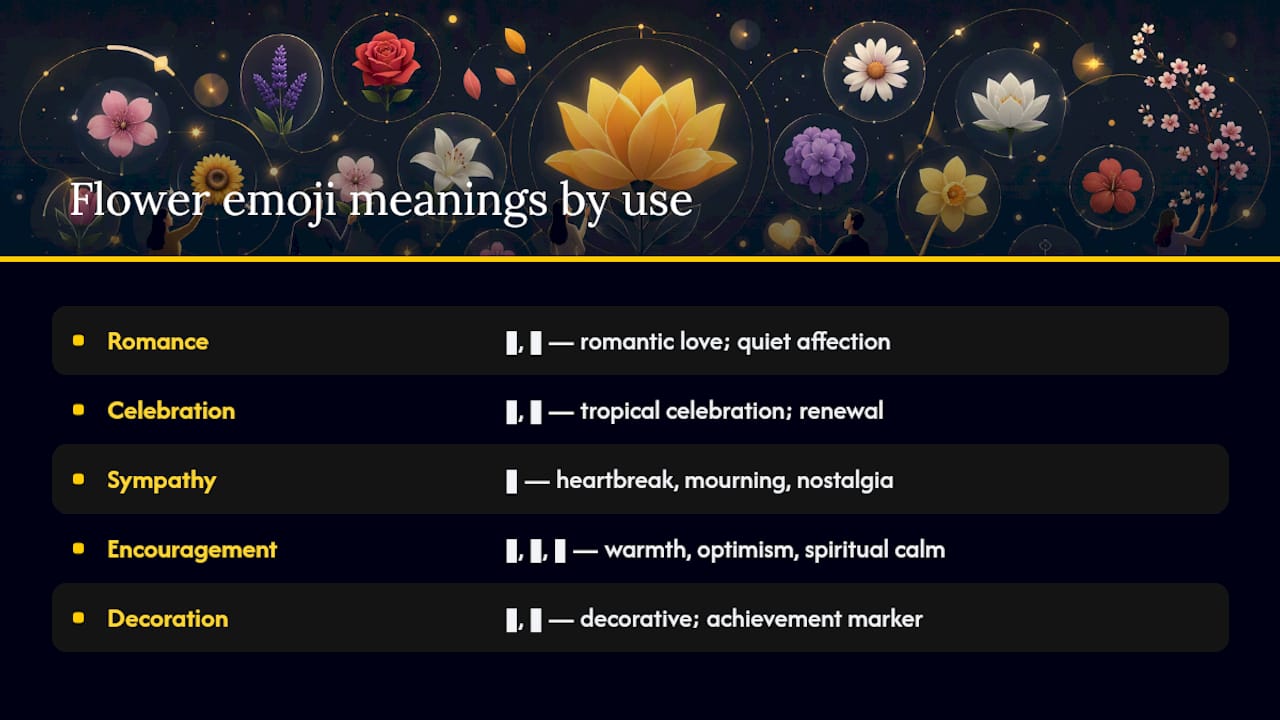 Comparison chart of flower emoji meanings and uses