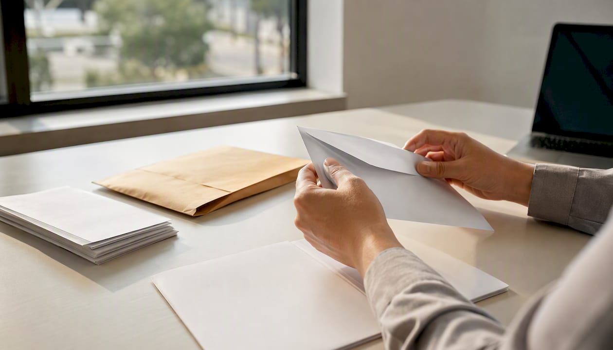 Hands organizing correspondence for company transfer