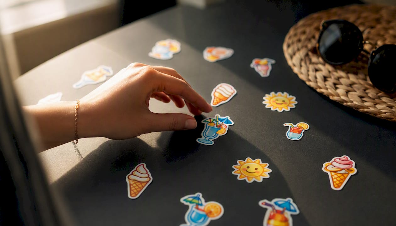 Hand picking colorful summer emoji stickers near smartphone