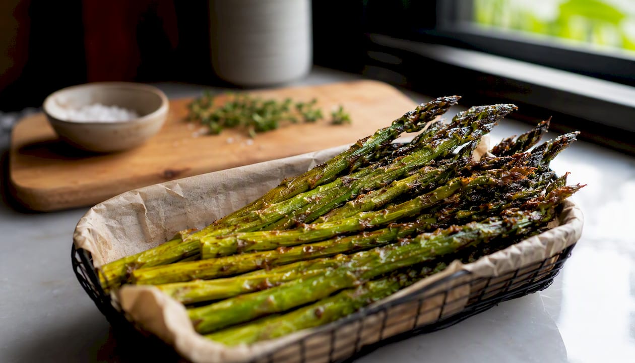 Crispy cooked asparagus in air fryer basket