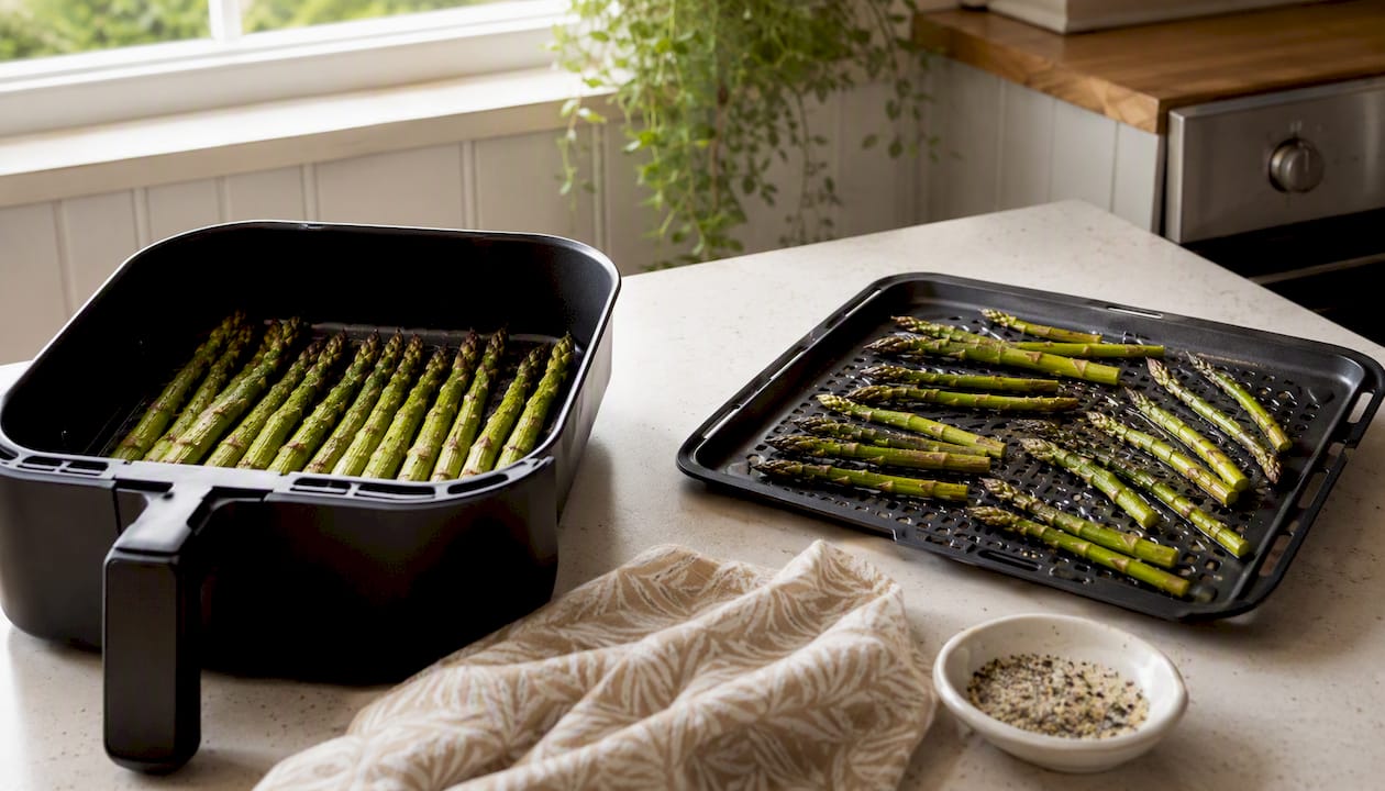Air fryer basket versus tray with asparagus